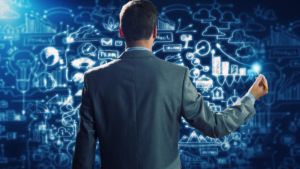 Noticias e Mídias 1 Homem de negócios analisando planejamento financeiro e sucessório com estrutura offshore, diante de gráficos e estratégias globais digitais.